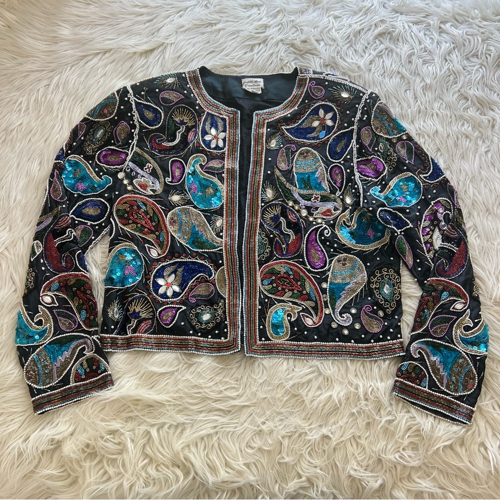 Vintage 80s Judith Ann Creations Sequin Beaded Paisley Silk Blazer Women Size M